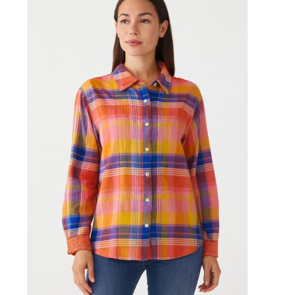 Soft Surroundings Shirt Womens Medium Multicolor Plaid Smocked Boho Top Cotton - Picture 1 of 7